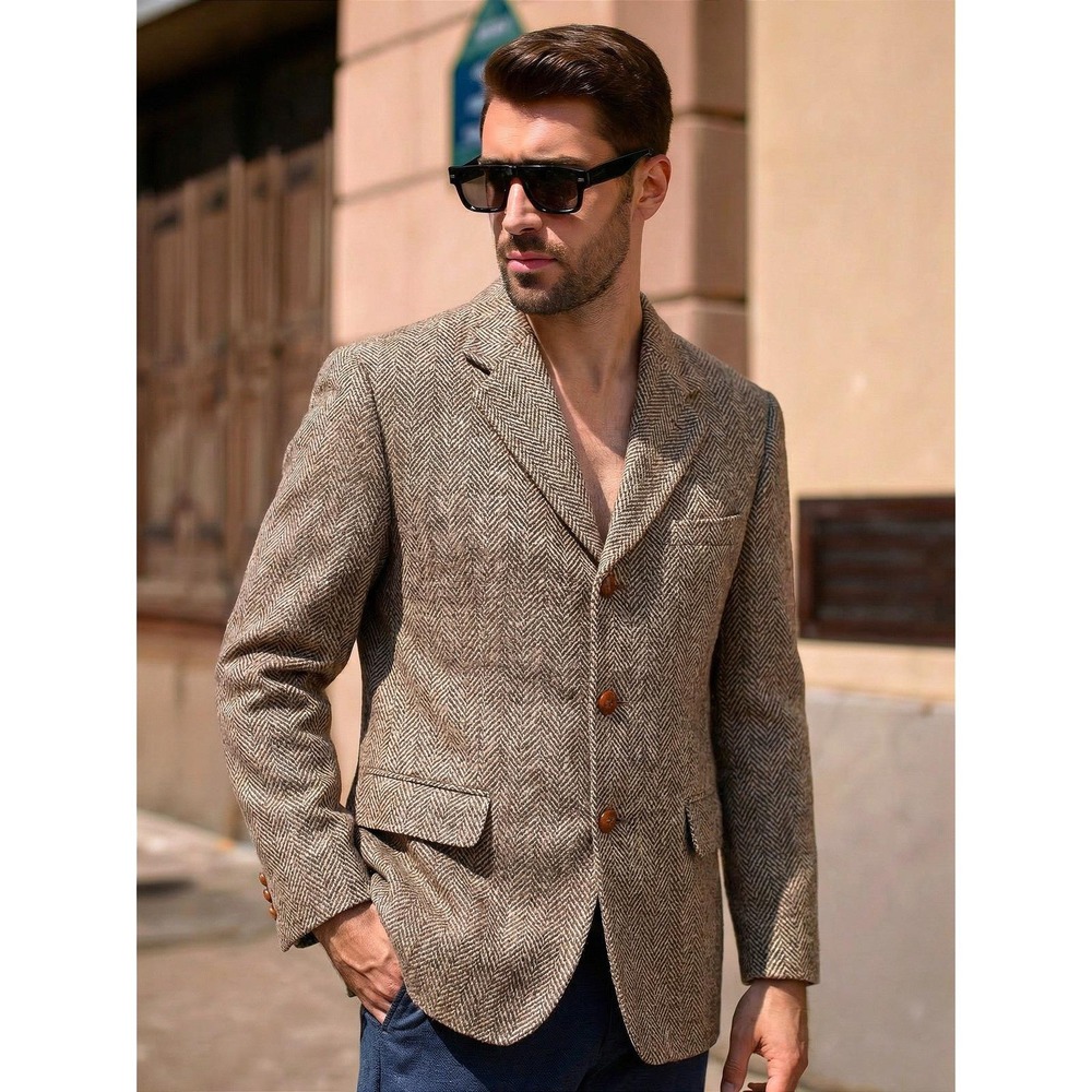 Vtg Harris Tweed Men 40 Sport Coat 80s Brown Herringbone Handwoven Dark Academia